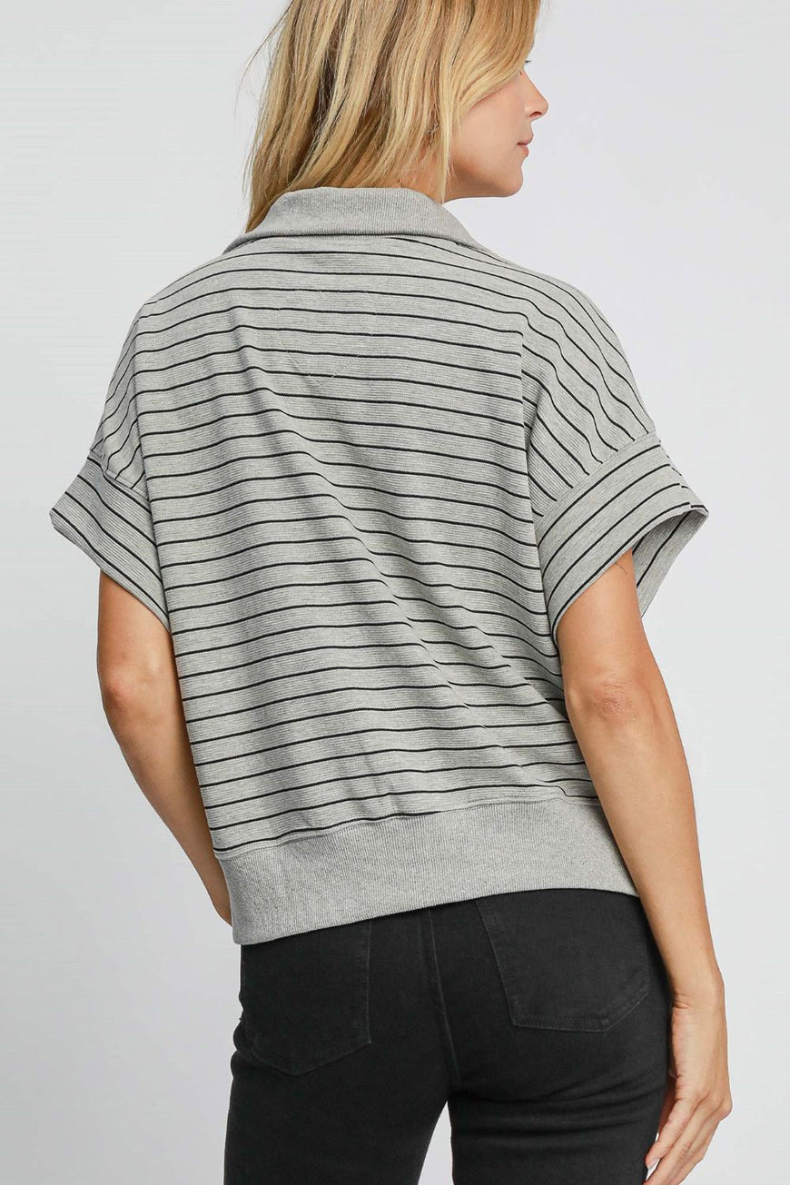 Umgee Striped Half Zip Short Sleeve Sweatshirt