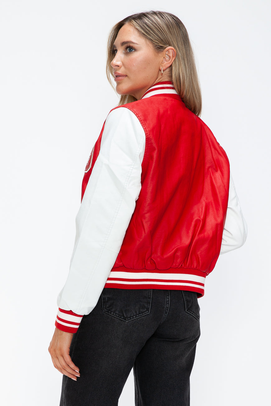 Love Me Now PU Leather Contrast Snap Down Bomber Jacket - TopFashionHQ