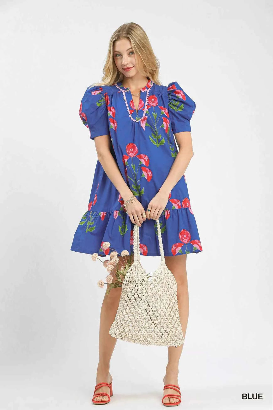 Umgee Floral Print Puff Sleeve Mini Dress with Scallop Trim