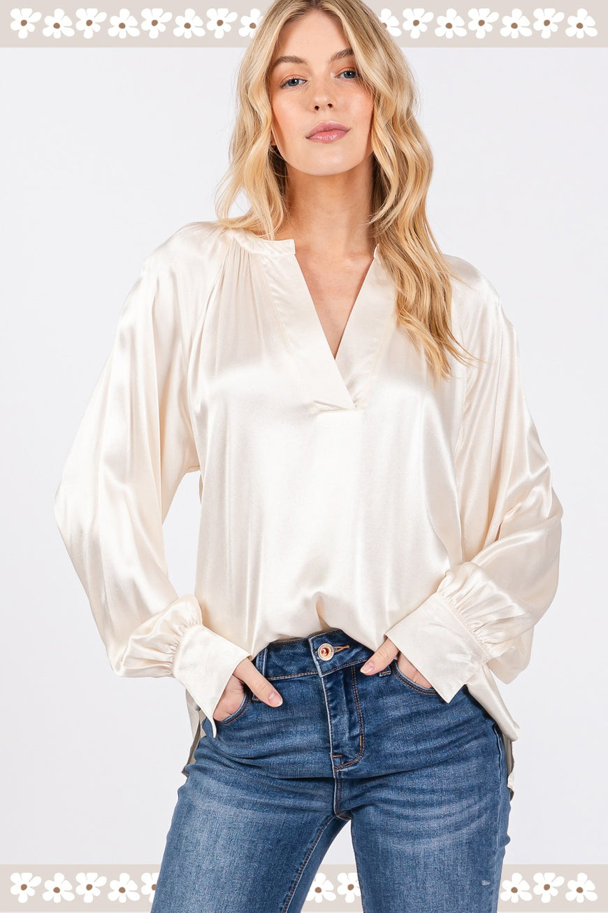 SAGE + FIG Notched Long Sleeve Blouse - TopFashionHQ
