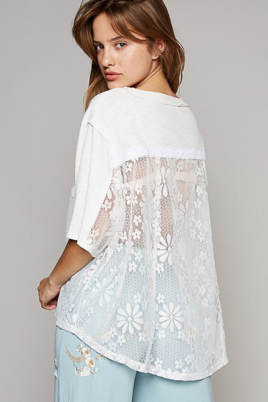 POL Round Neck Short Sleeve Lace Top - TopFashionHQ