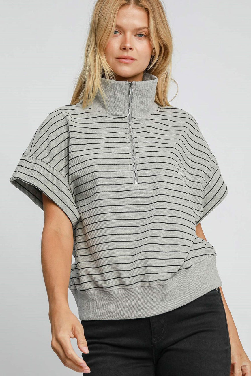 Umgee Striped Half Zip Short Sleeve Sweatshirt