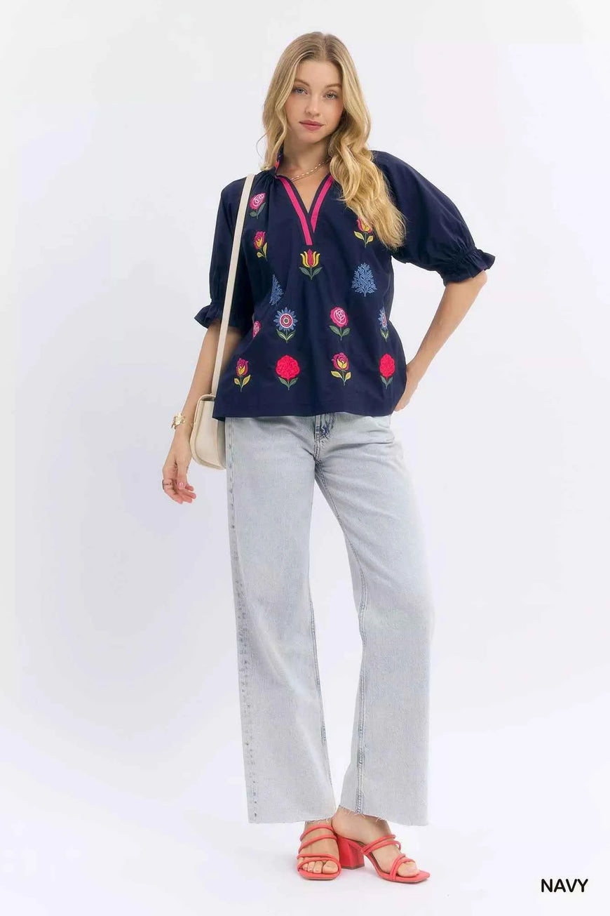 Umgee Embroidered Floral Top with Contrast Trim