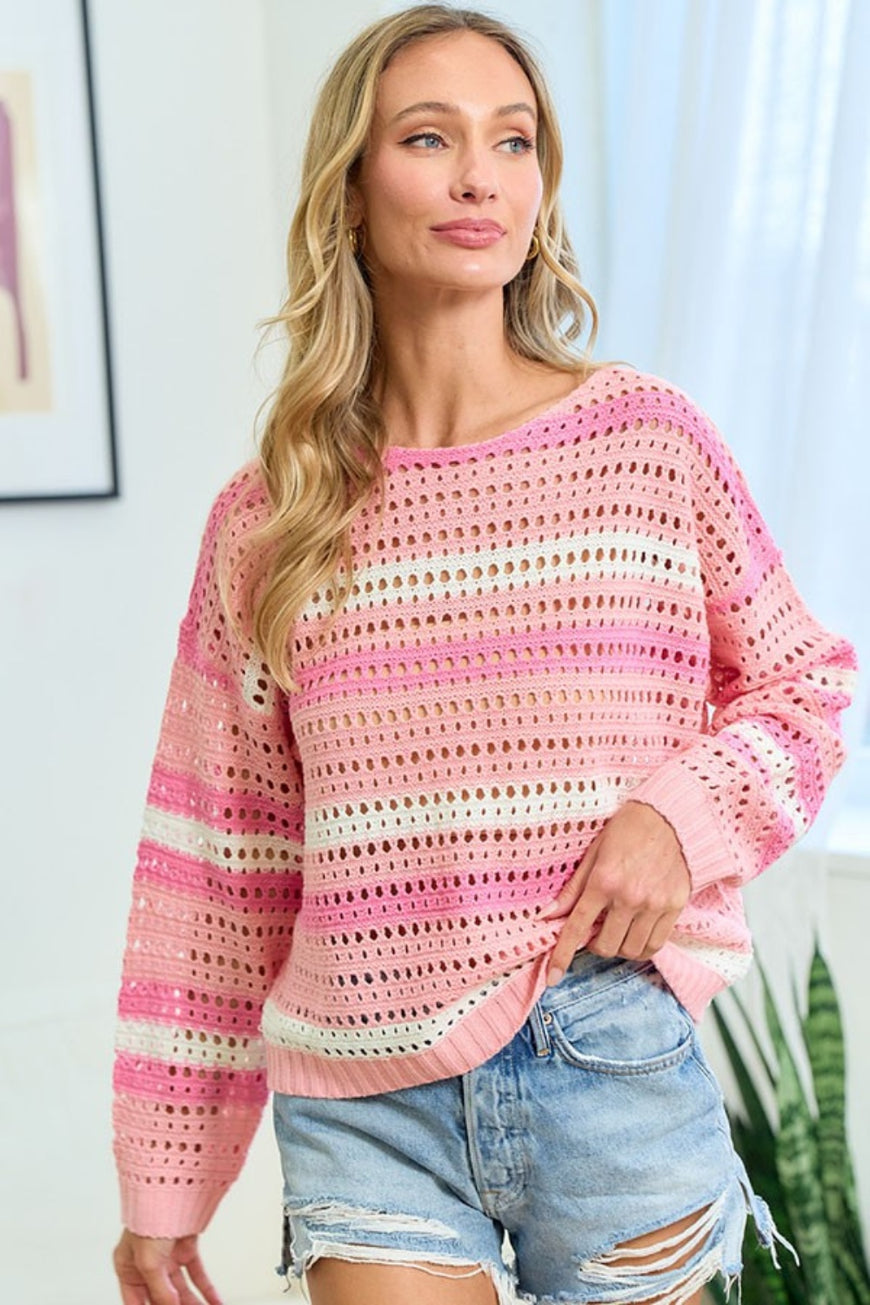 First Love Striped Long Sleeve Openwork Knit Top - TopFashionHQ