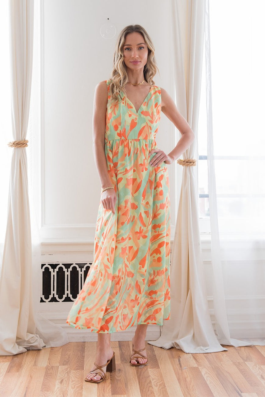Sew In Love Printed V-Neck Sleeveless Dress - TopFashionHQ
