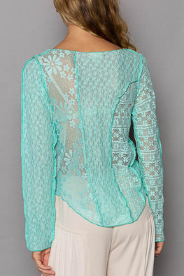 POL Exposed Seam Long Sleeve Lace Knit Top - TopFashionHQ