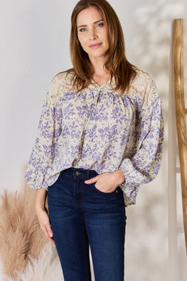 Hailey & Co Full Size Lace Detail Printed Blouse - TopFashionHQ