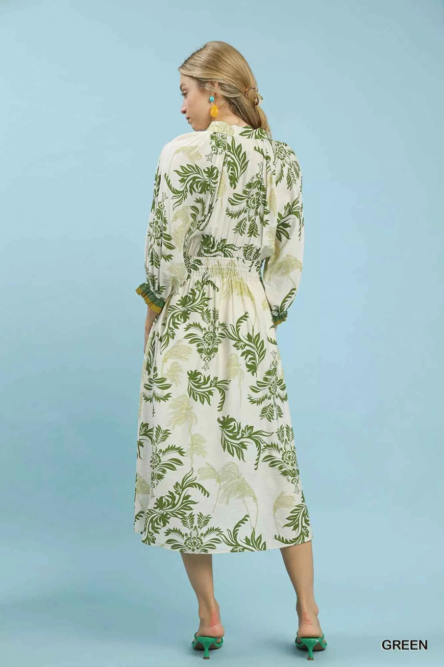 Umgee Tropical Print Button Detail Midi Dress