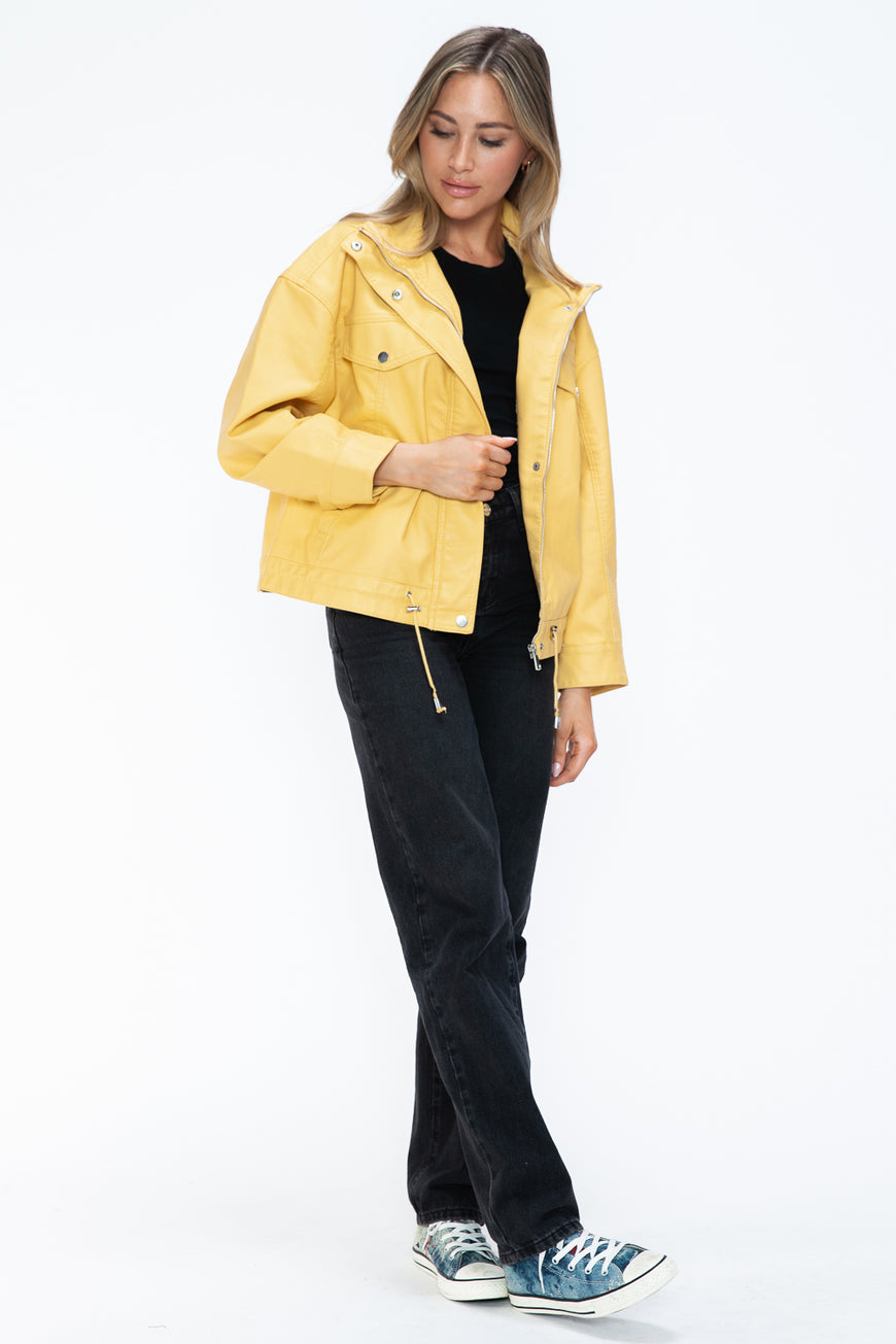 How Dare U Drawstring Hem PU Leather Zip Up Jacket - TopFashionHQ