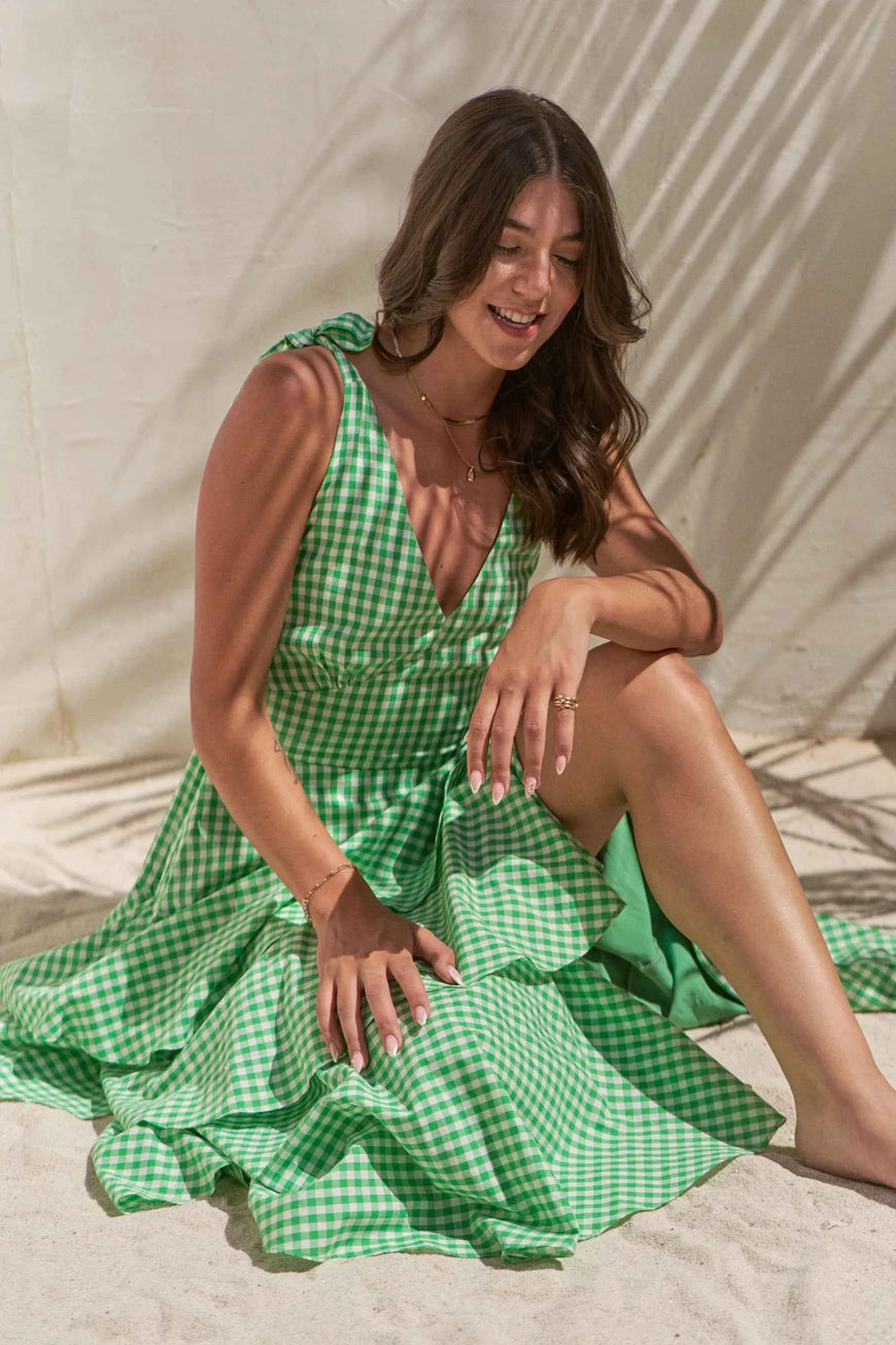 Jade By Jane Sleeveless Gingham Print Tiered Midi Dress