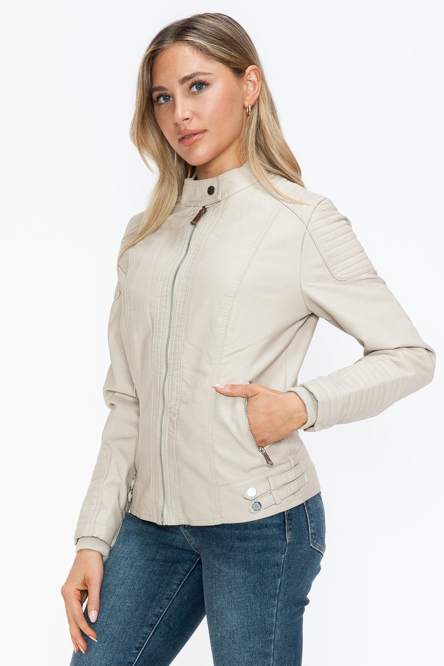 Snobbish Faux Leather Biker Jacket with Side Zip Pockets - TopFashionHQ