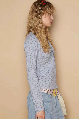 POL Floral V-Neck Long Sleeve T-Shirt