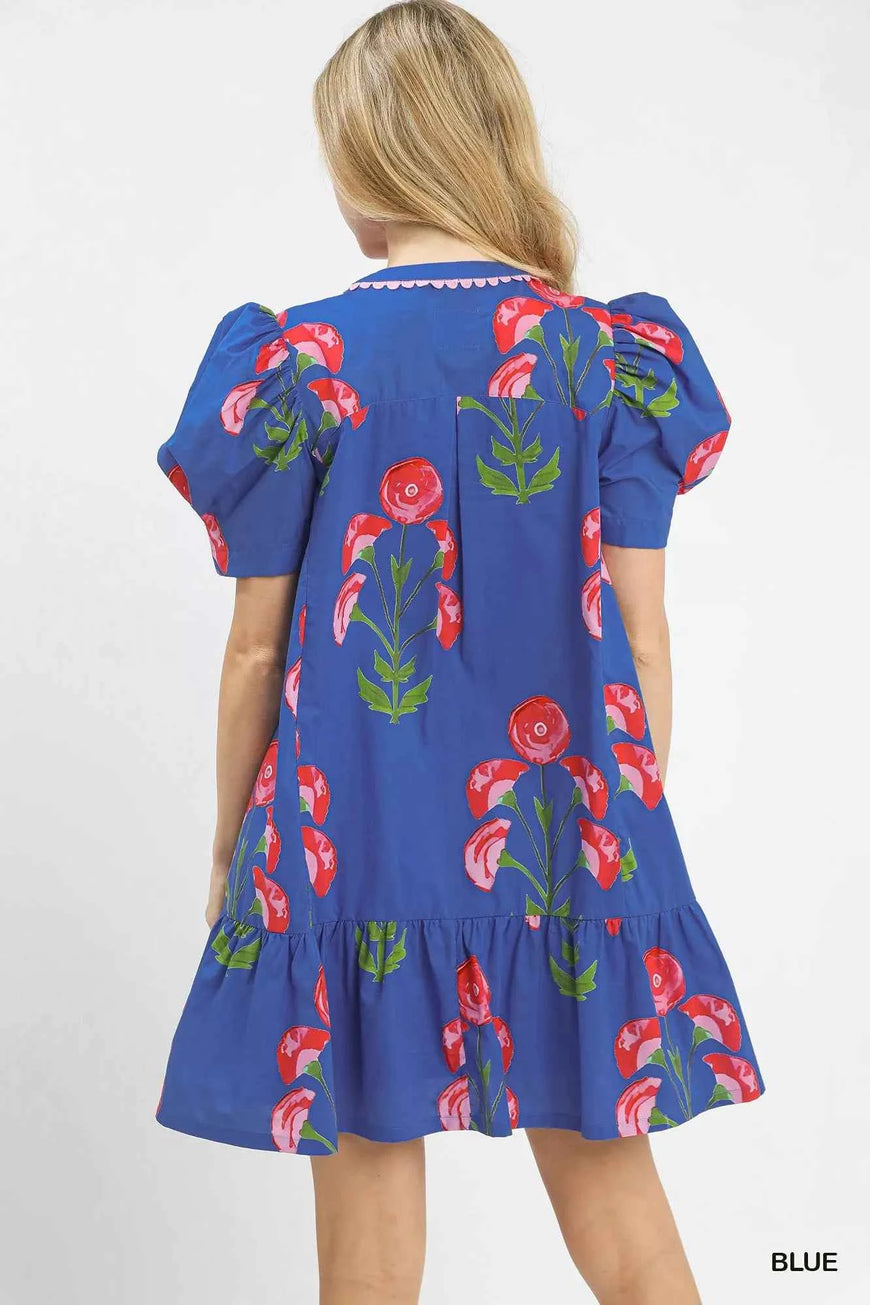 Umgee Floral Print Puff Sleeve Mini Dress with Scallop Trim