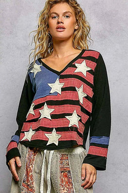 POL Double Gauze American Flag Patch V-Neck Long Sleeve T-Shirt