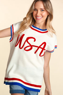 Haptics Letter Embroidery Slit Knit Top - TopFashionHQ