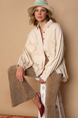 POL Button Down Raw Hem Distressed Shacket - TopFashionHQ