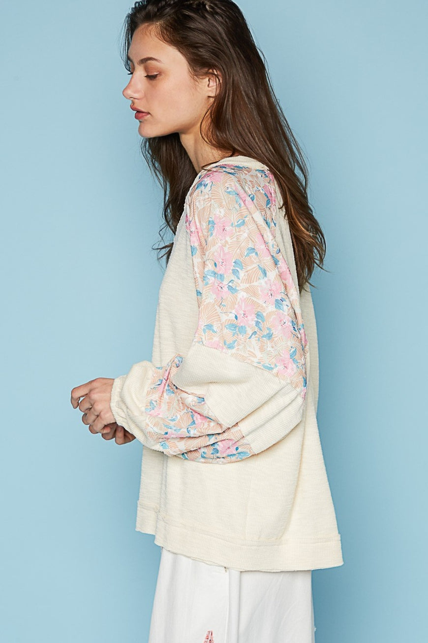 POL Round Neck Balloon Floral Long Sleeve Top - TopFashionHQ