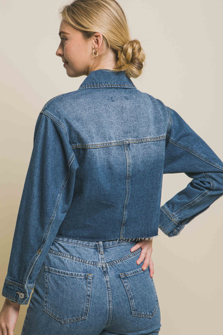 Love Tree Raw Hem Button Up Cropped Denim Jacket - TopFashionHQ