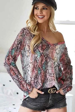 BiBi Snakeskin Print Low Gauge Hacci V Neck Top