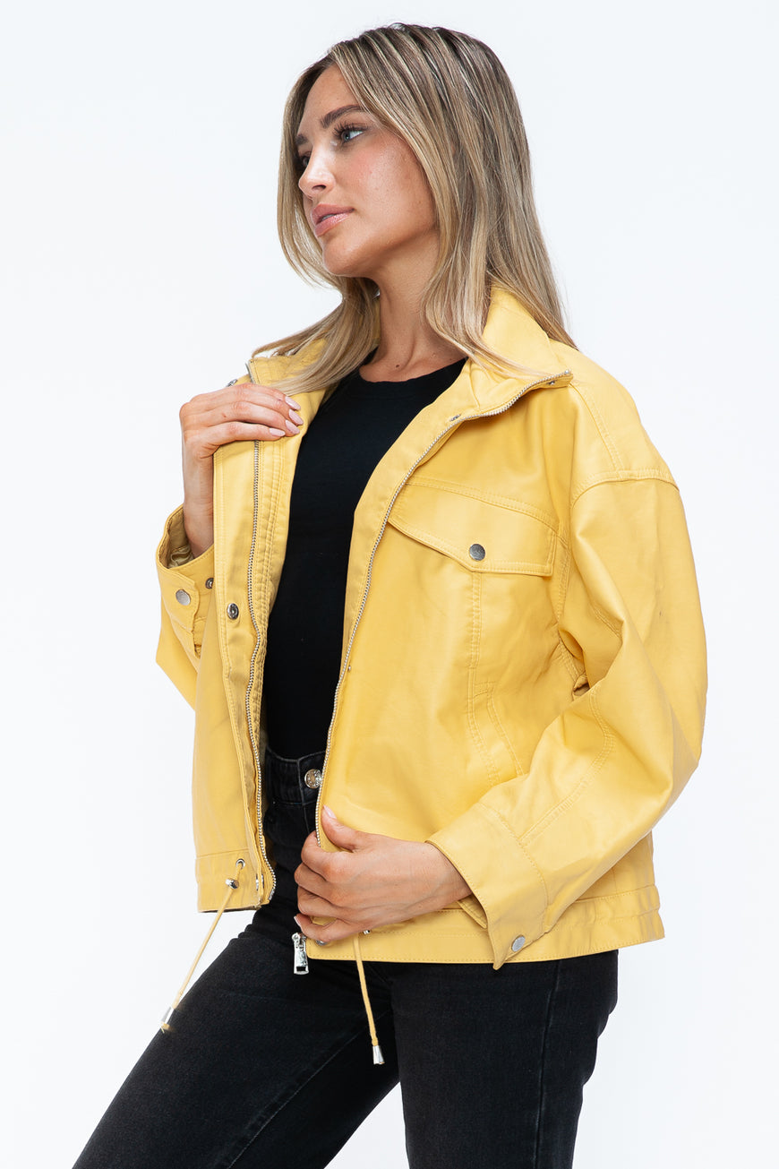 How Dare U Drawstring Hem PU Leather Zip Up Jacket - TopFashionHQ