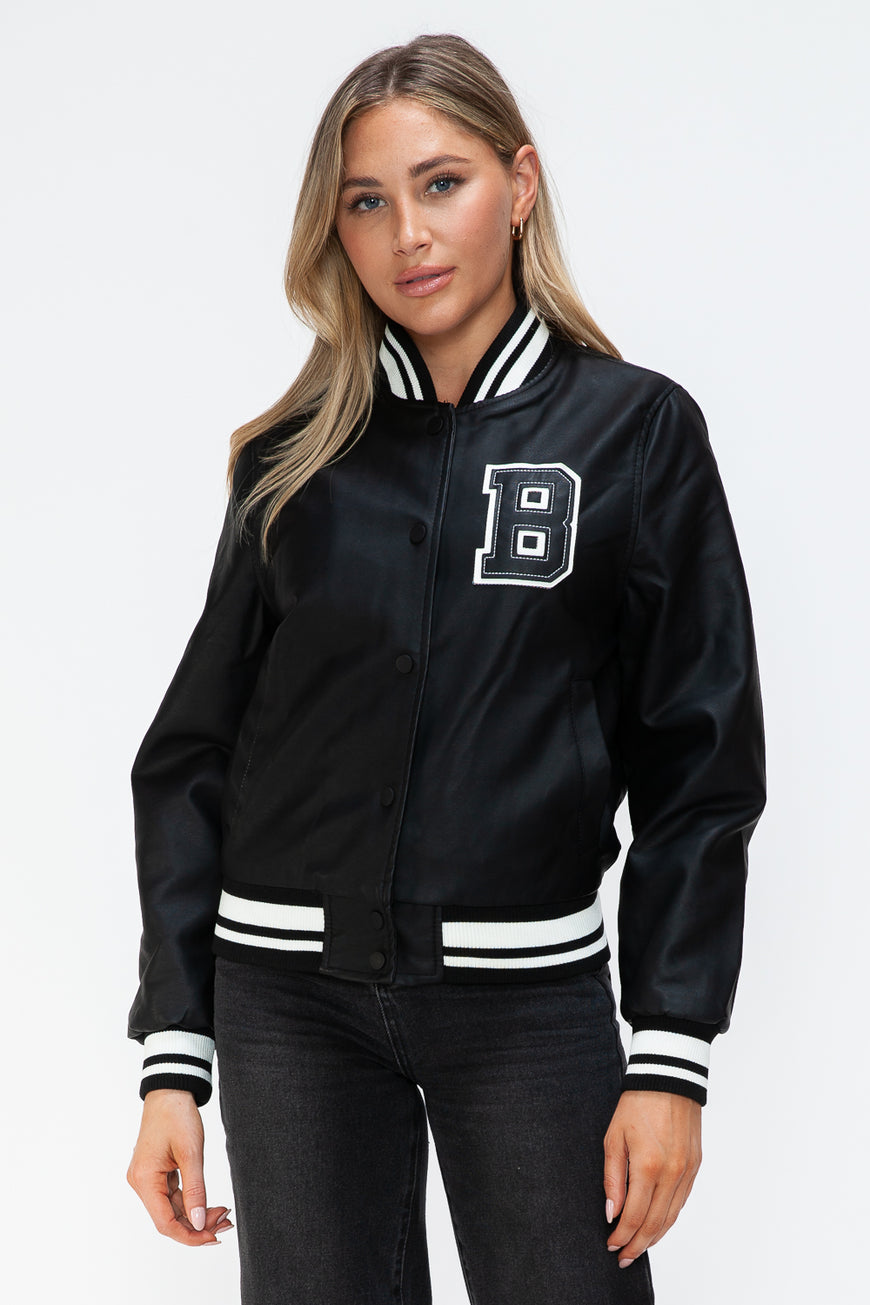 Love Me Now PU Leather Contrast Snap Down Bomber Jacket - TopFashionHQ