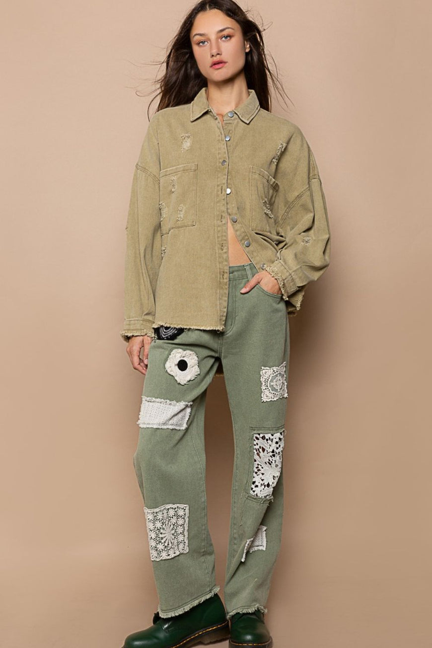 POL Button Down Raw Hem Distressed Shacket - TopFashionHQ