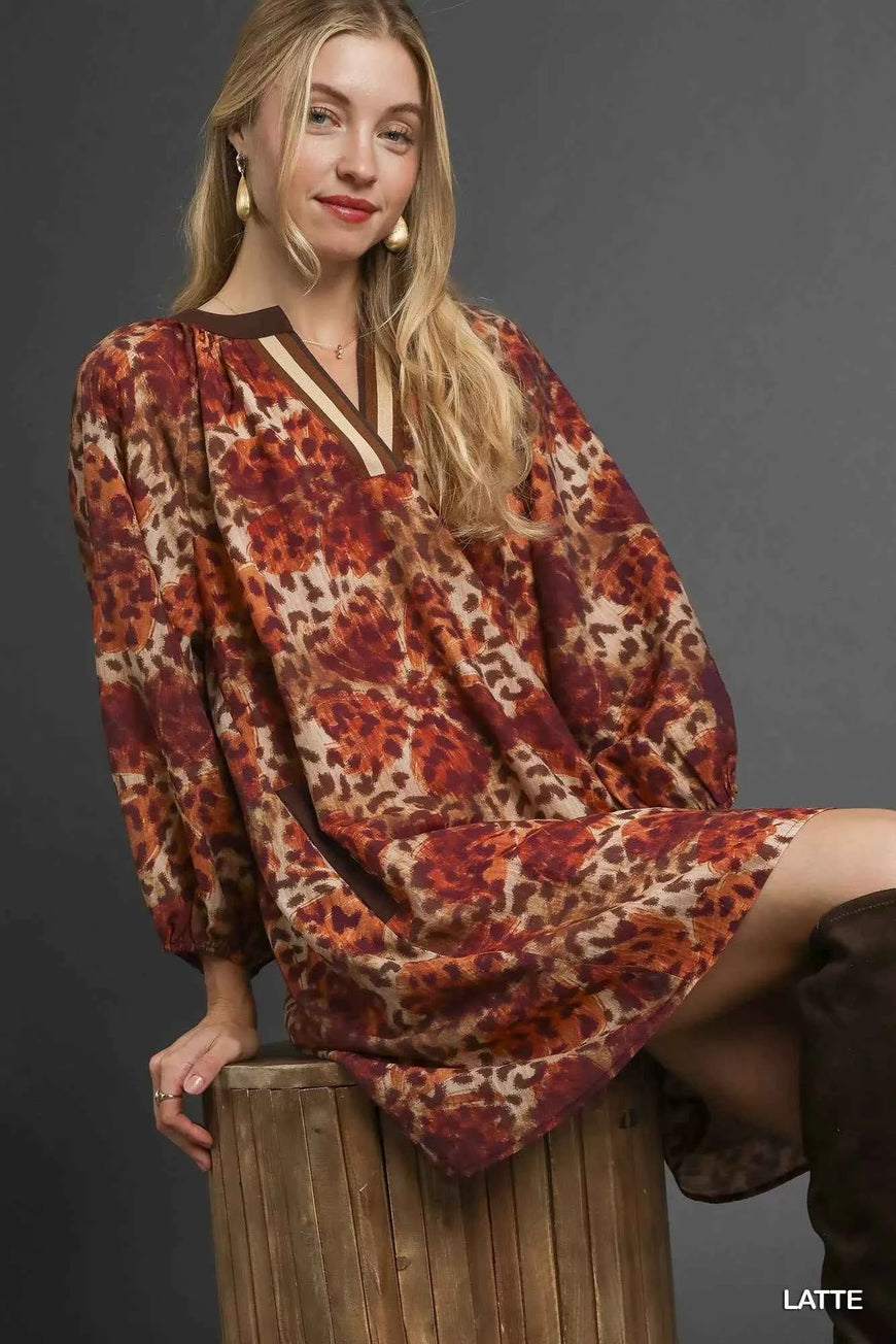 Umgee Animal Print Boho Tunic Dress with Contrast Trim Detail