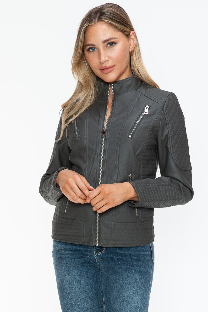 Snobbish Faux Leather Zip Up Mock Neck Jacket - TopFashionHQ