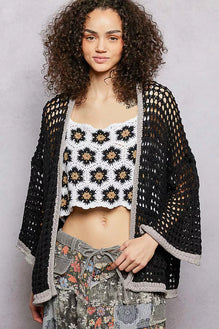 POL Open Front Openwork Cardigan with Contrast Trim