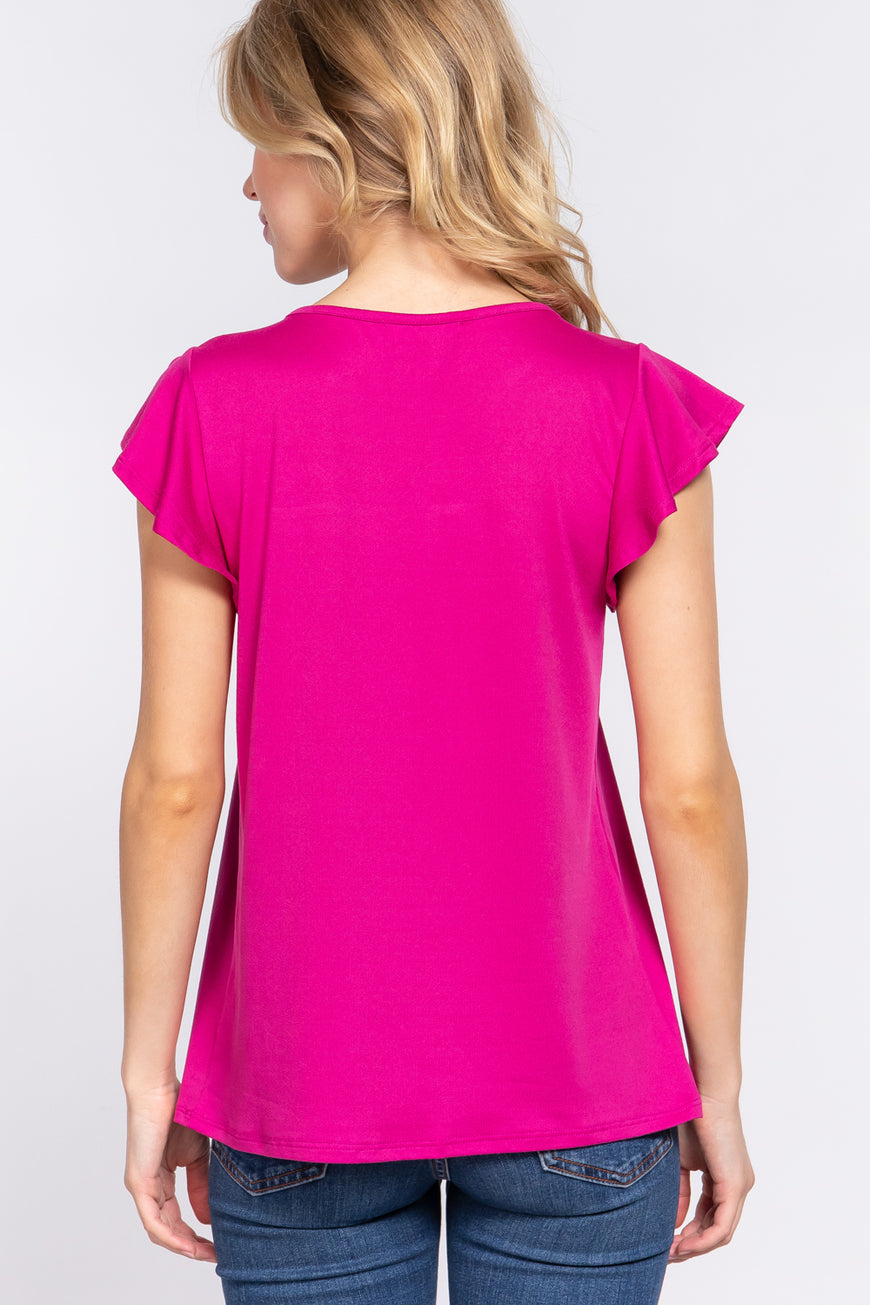 ACTIVE BASIC Ruffle Short Sleeve Lace Detail Knit Top - TopFashionHQ
