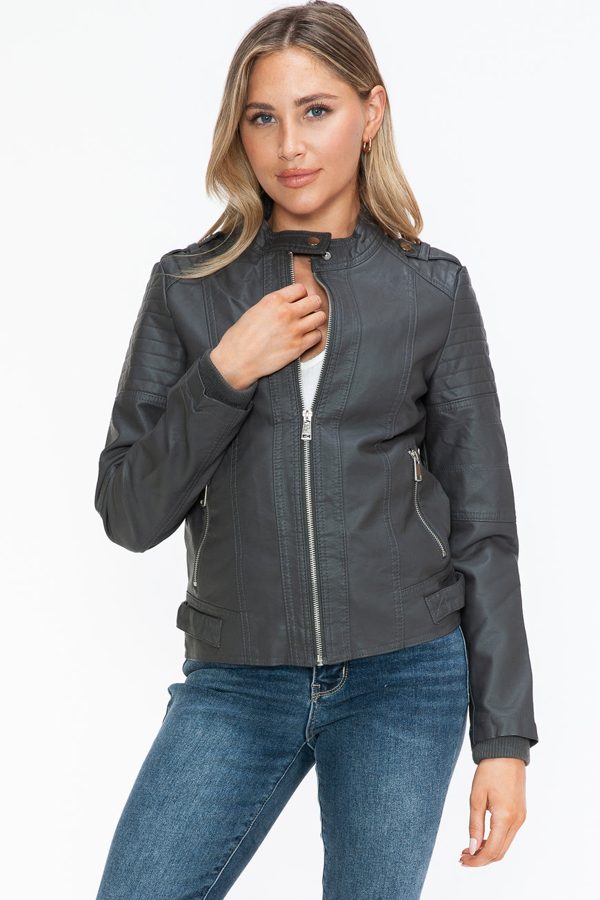 Snobbish PU Leather Biker Jacket with Side Zip Pockets - TopFashionHQ