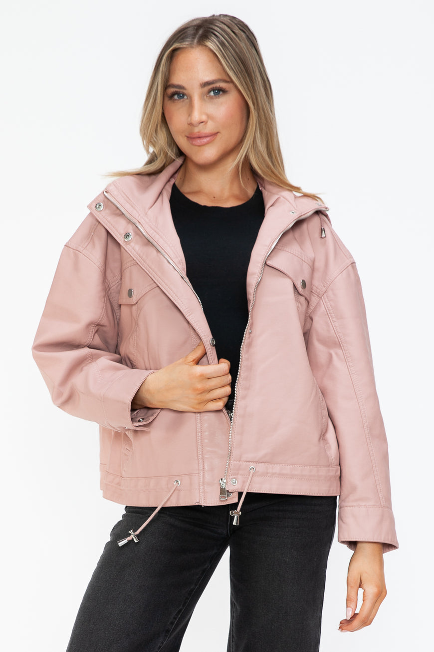 How Dare U Drawstring Hem PU Leather Zip Up Jacket - TopFashionHQ