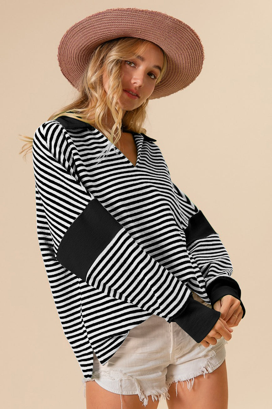 BiBi Striped Contrast Long Sleeve Knit Top - TopFashionHQ