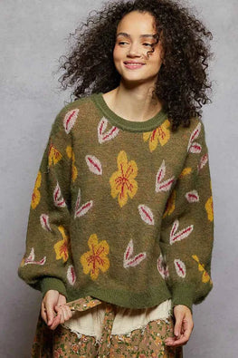 POL Floral Pattern Round Neck Balloon Sleeve Sweater
