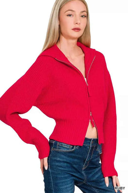 Zenana Ribbed Collared Zip Up Sweater Cardigan