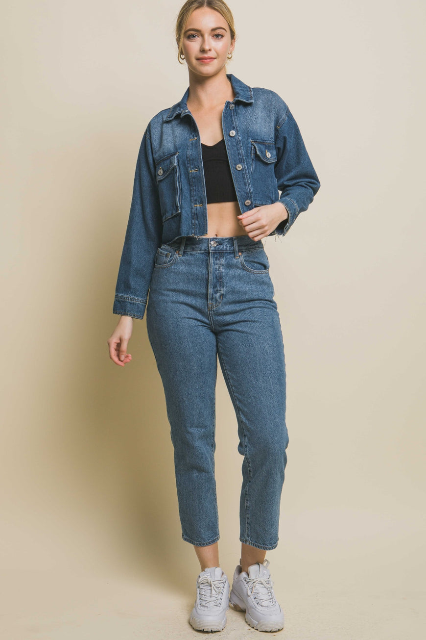 Love Tree Raw Hem Button Up Cropped Denim Jacket - TopFashionHQ