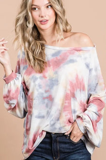BiBi Tie Dye Print Terry Top With Puff Sleeves
