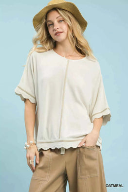 Umgee Linen Blend Scallop Trim Top