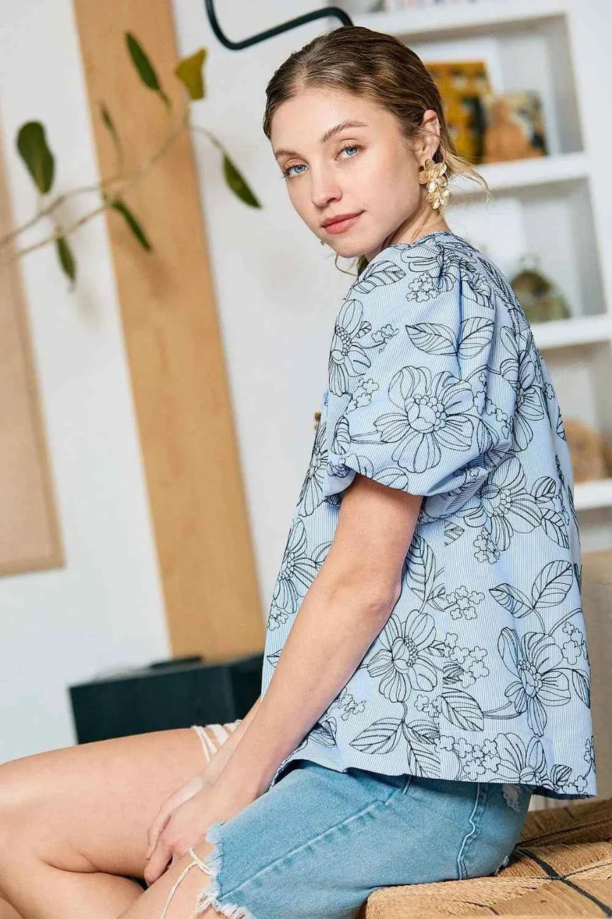 Umgee Floral Print Puff Sleeve Casual Blouse