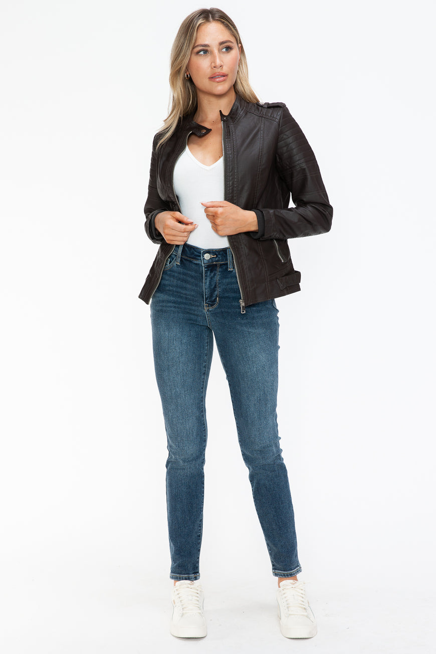 Snobbish PU Leather Biker Jacket with Side Zip Pockets - TopFashionHQ