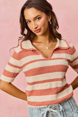 SO ME Stripe Short Sleeve Cropped Sweater