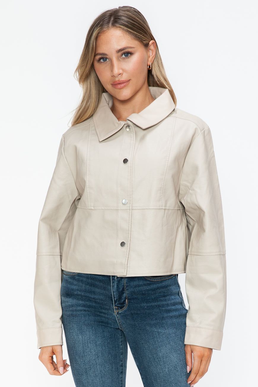 Snobbish Snap Down Long Sleeve PU Leather Jacket - TopFashionHQ