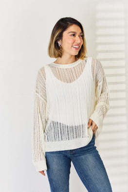 HYFVE Openwork Ribbed Trim Long Sleeve Knit Top - TopFashionHQ