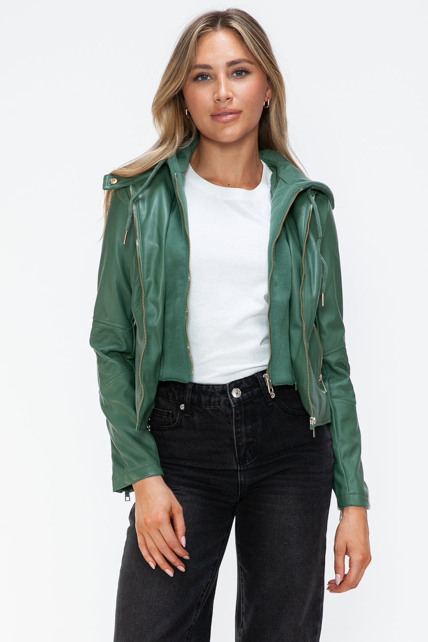 Snobbish Faux Leather Zip Up Drawstring Hooded Jacket - TopFashionHQ