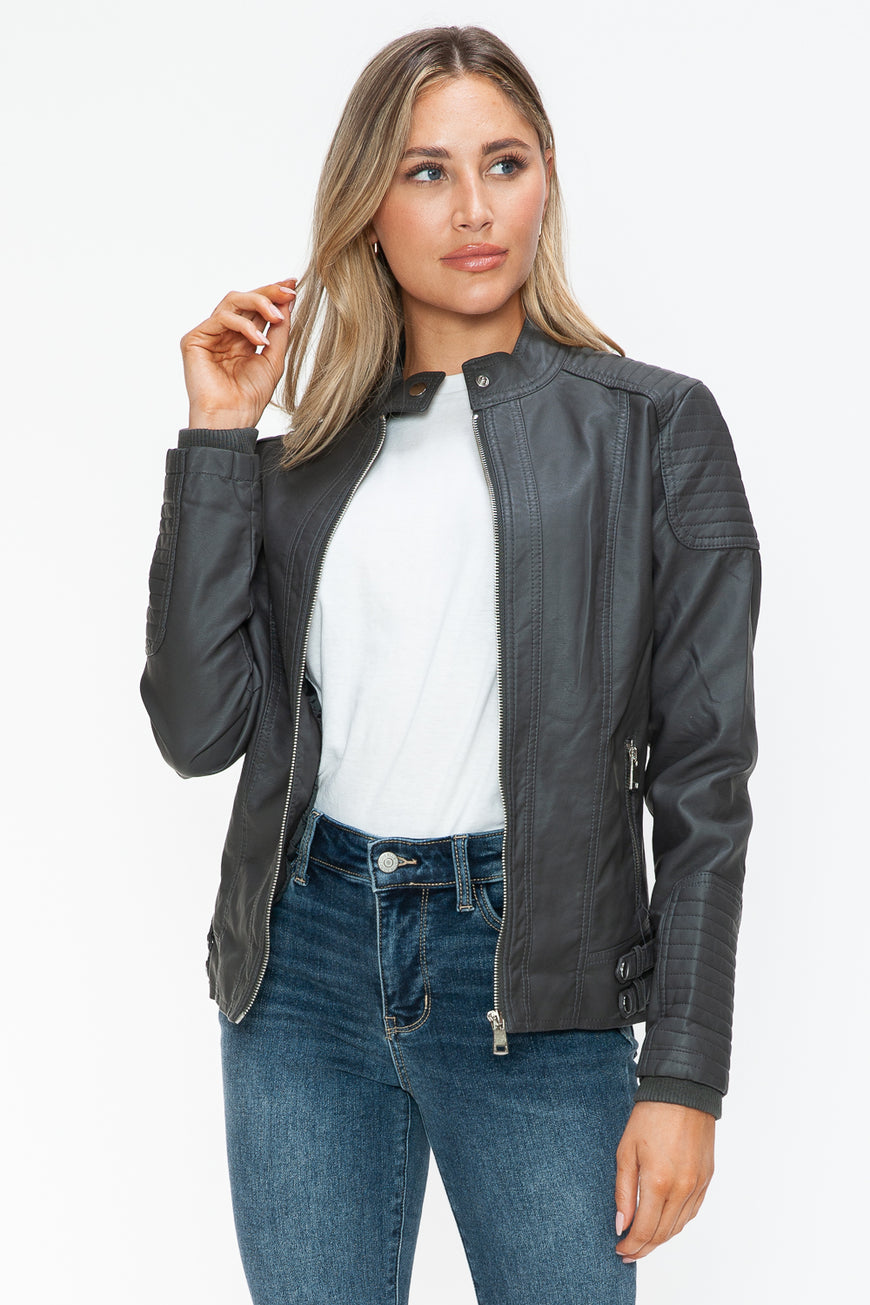 Snobbish Faux Leather Biker Jacket with Side Zip Pockets - TopFashionHQ