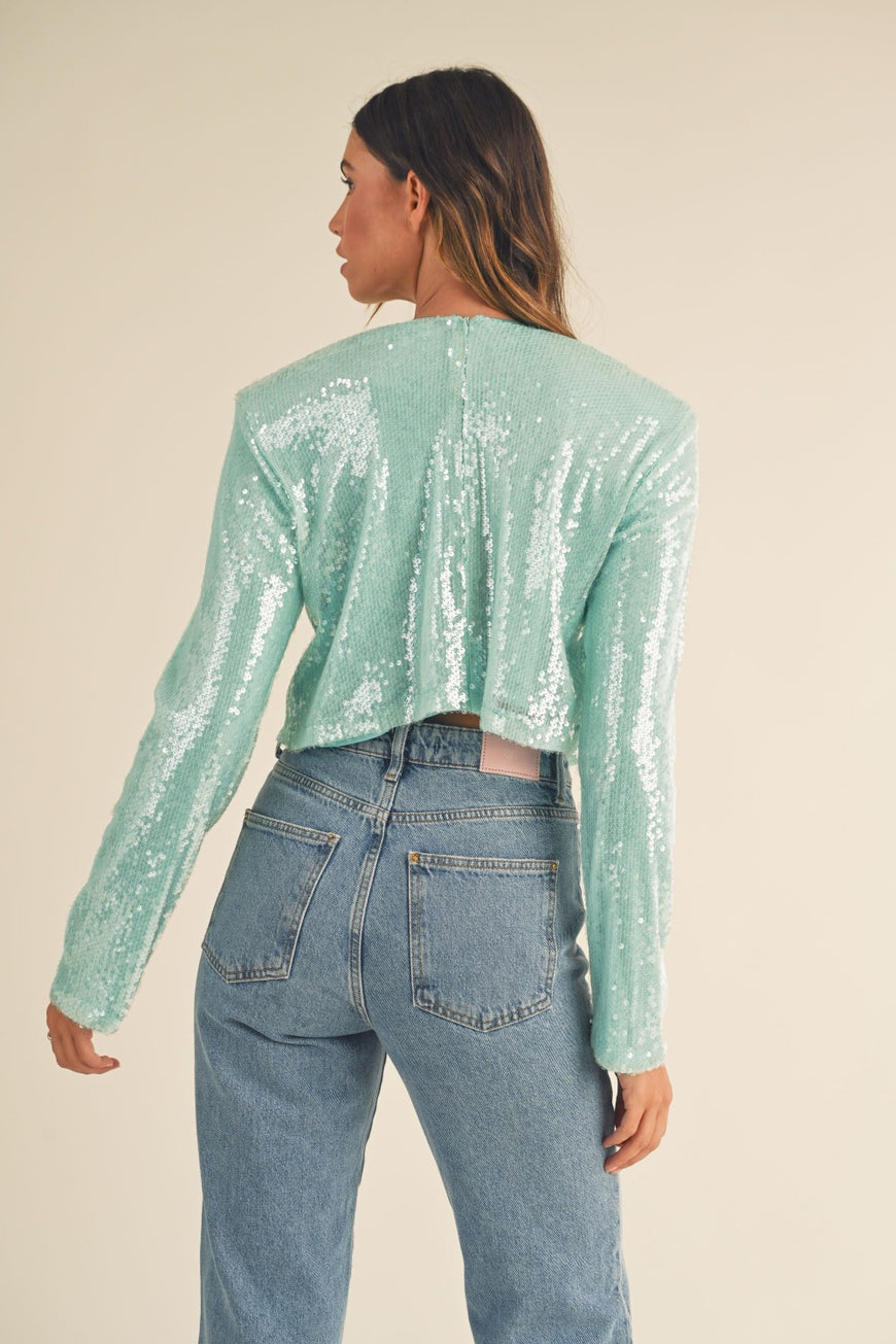 MABLE Shoulder Padded Sequin Crop Top - TopFashionHQ