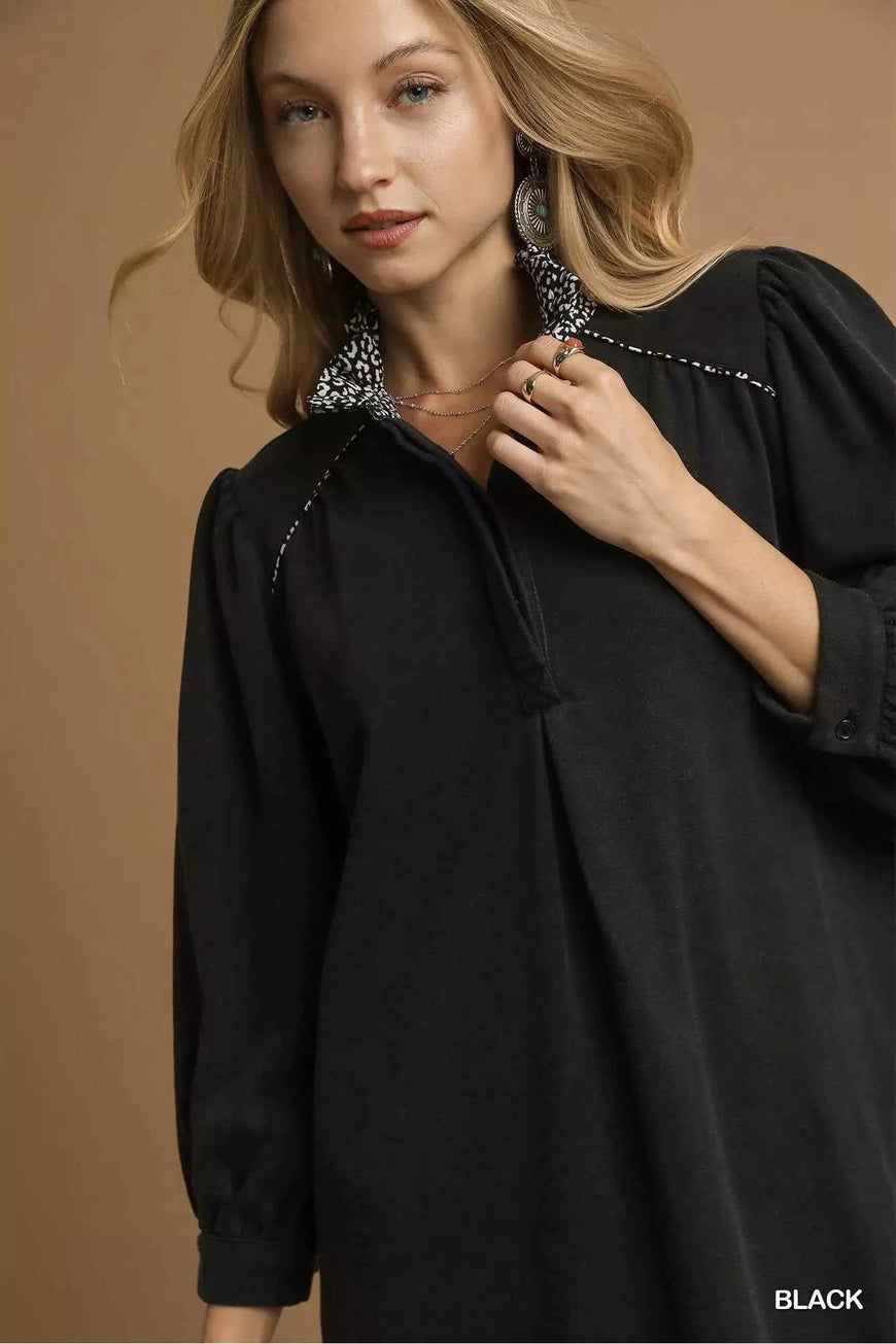 Umgee French Terry Balloon Sleeve Shift Dress with Leopard Print Detail