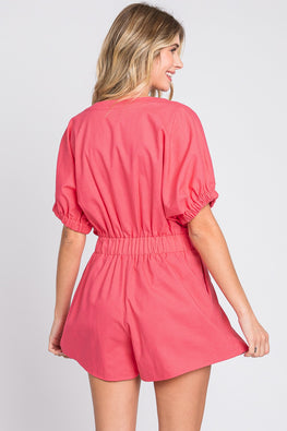 GeeGee Half Button V-Neck Linen Romper