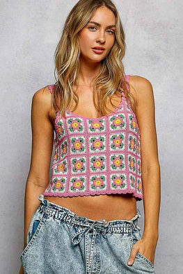 POL Scalloped Edge Cropped Crochet Cami with Granny Square Pattern