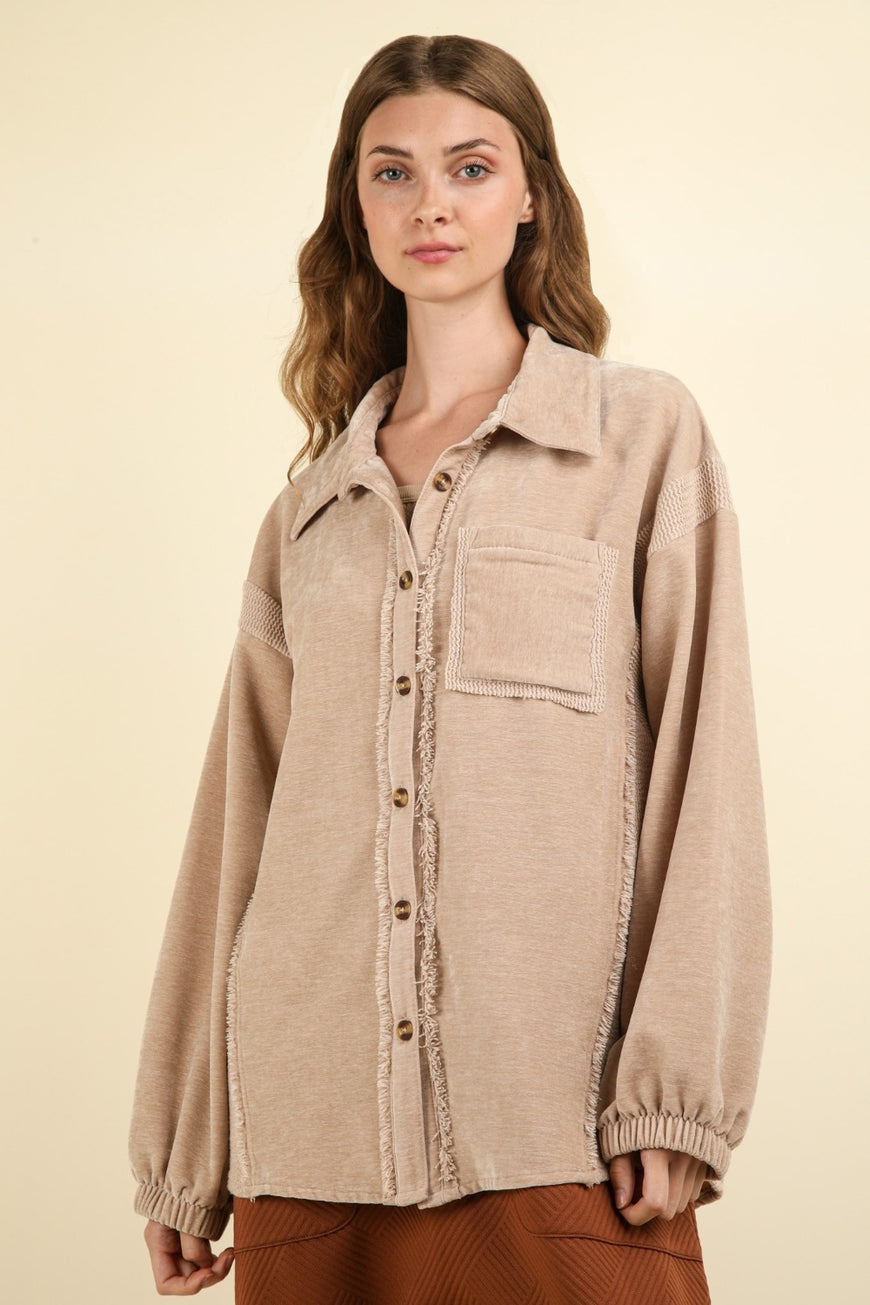 VERY J Mixed Media Button Down Raw Hem Shacket - TopFashionHQ